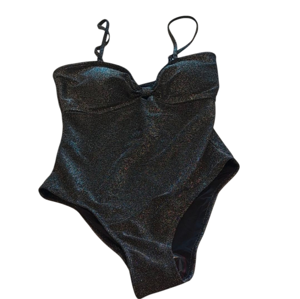 Betsey Johnson Black Shimmer One Piece Knotted Front Swimsuit Size Medium